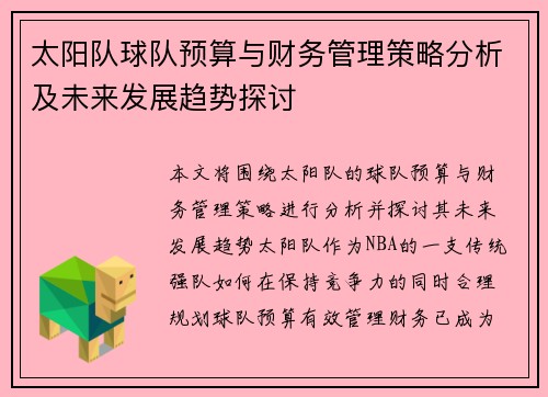 太阳队球队预算与财务管理策略分析及未来发展趋势探讨